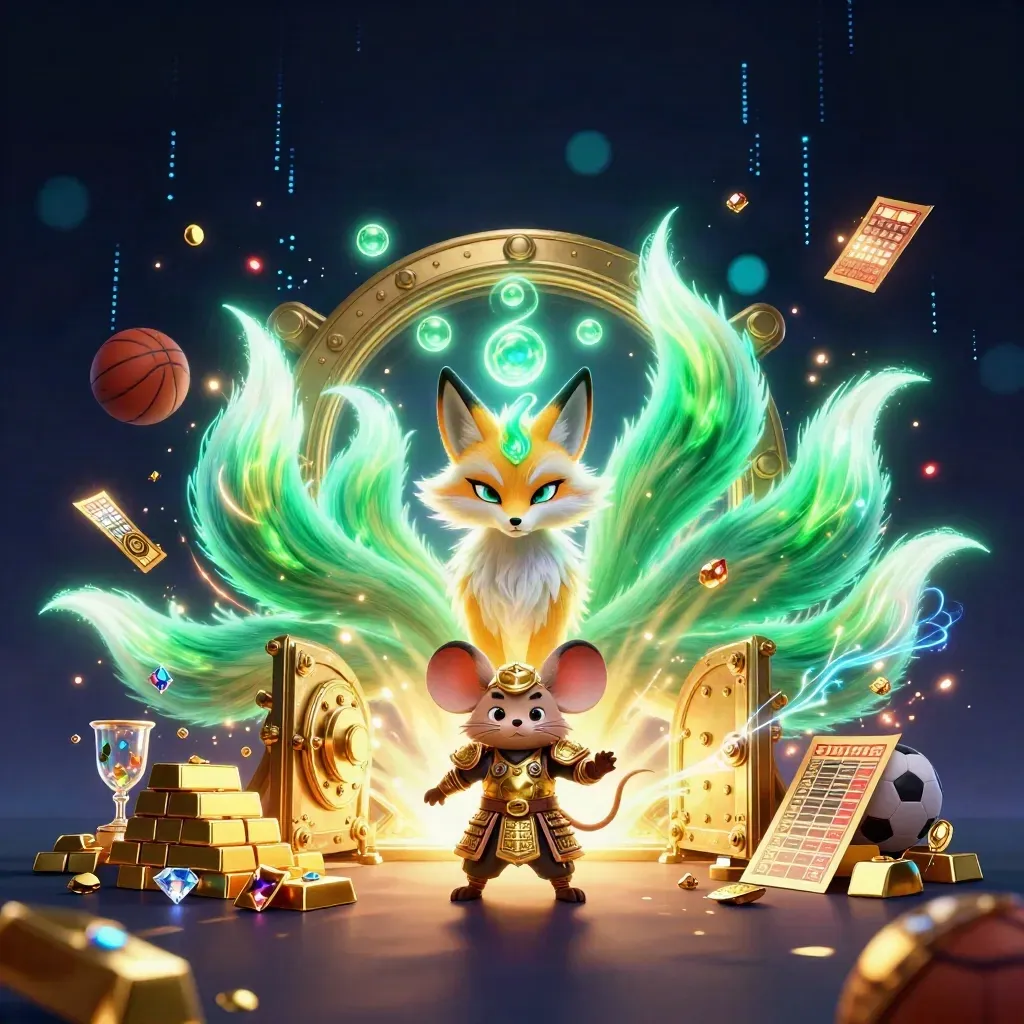 Neon fox spirit and armoured mouse amid treasure vault bursts and casino lights.