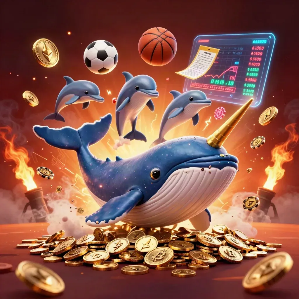 Whale captain, narwhal, and dolphins burst through coins with sports balls and neon casino energy.