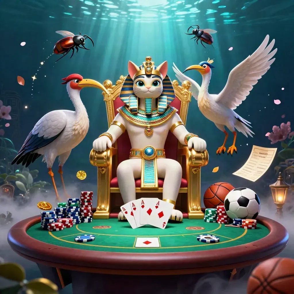 Pharaoh cat, ibis scribe, and jewel-winged scarabs amid casino chips and cards underwater