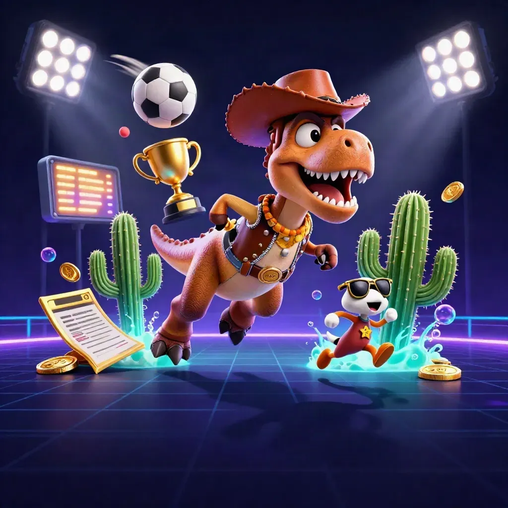 Cowboy T-Rex, cactus and roadrunner amid casino sports balls, gold coins and neon glow.