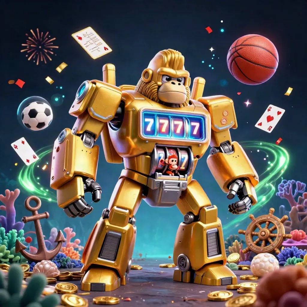 Golden gorilla mech with sports balls, coins, coral, and glowing casino effects