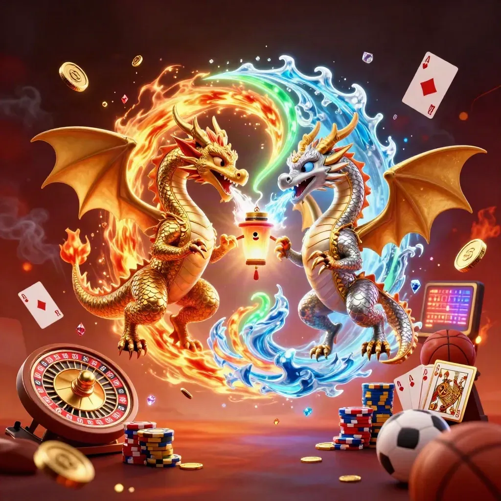 Gold and silver dragons swirl with casino icons, coins, chips, and fiery glow.