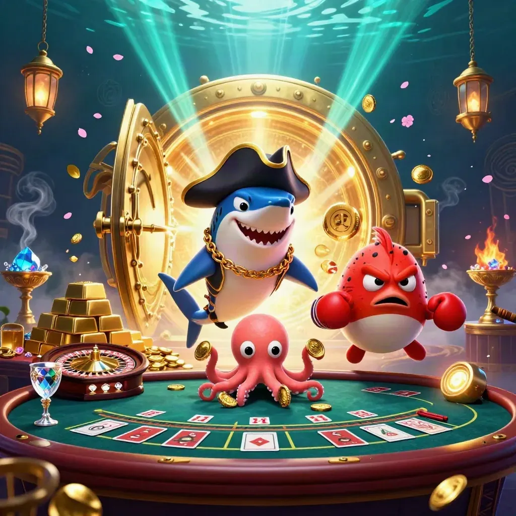 Pirate shark, boxing pufferfish, and coin-juggling octopus amid a glowing treasure vault.