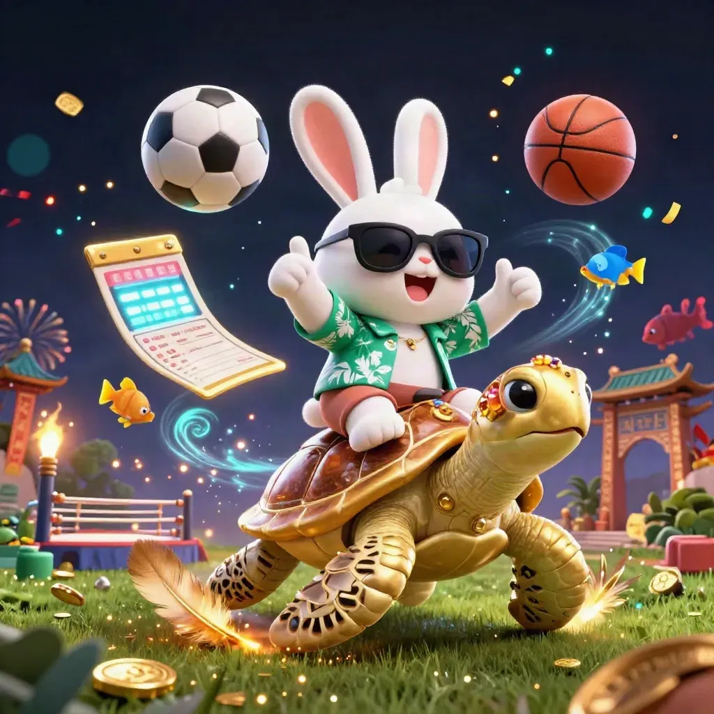 Lucky rabbit on a golden sea turtle amid casino sports effects, coins, sparks, and fireworks.