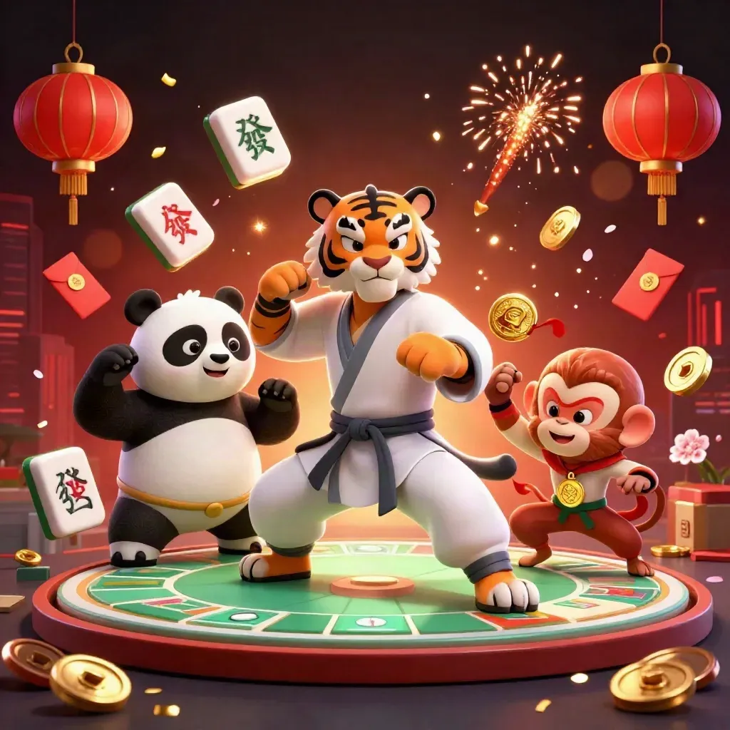Tiger, panda, and monkey in a luxe casino battle scene with glowing props and gold light.