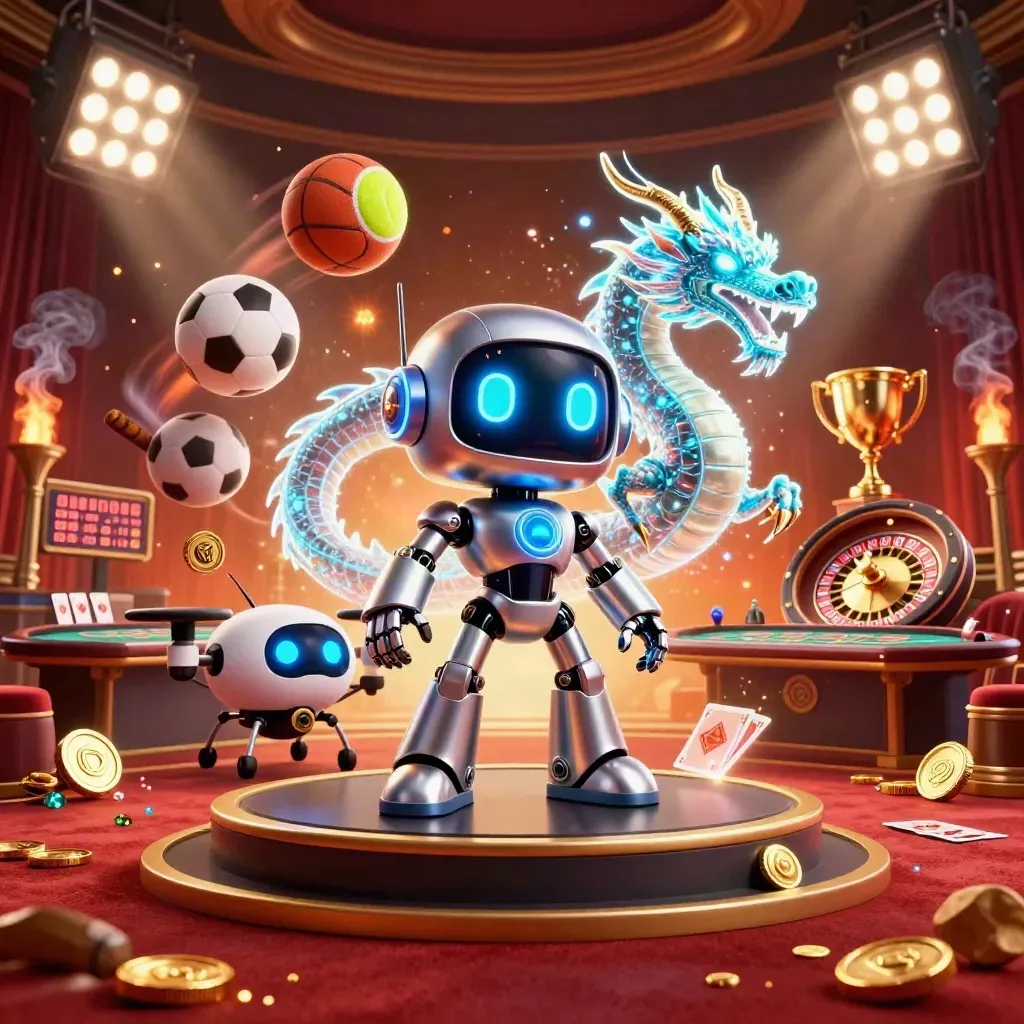 Cyberpunk robot, holographic dragon, and drone amid casino luxury, sports bursts, and glowing embers.