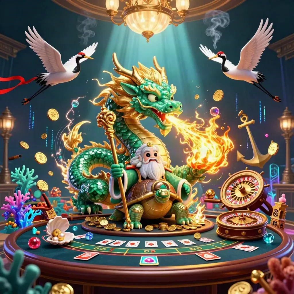 Dragon, turtle sage, and cranes amid luxe underwater casino treasure and glowing effects.