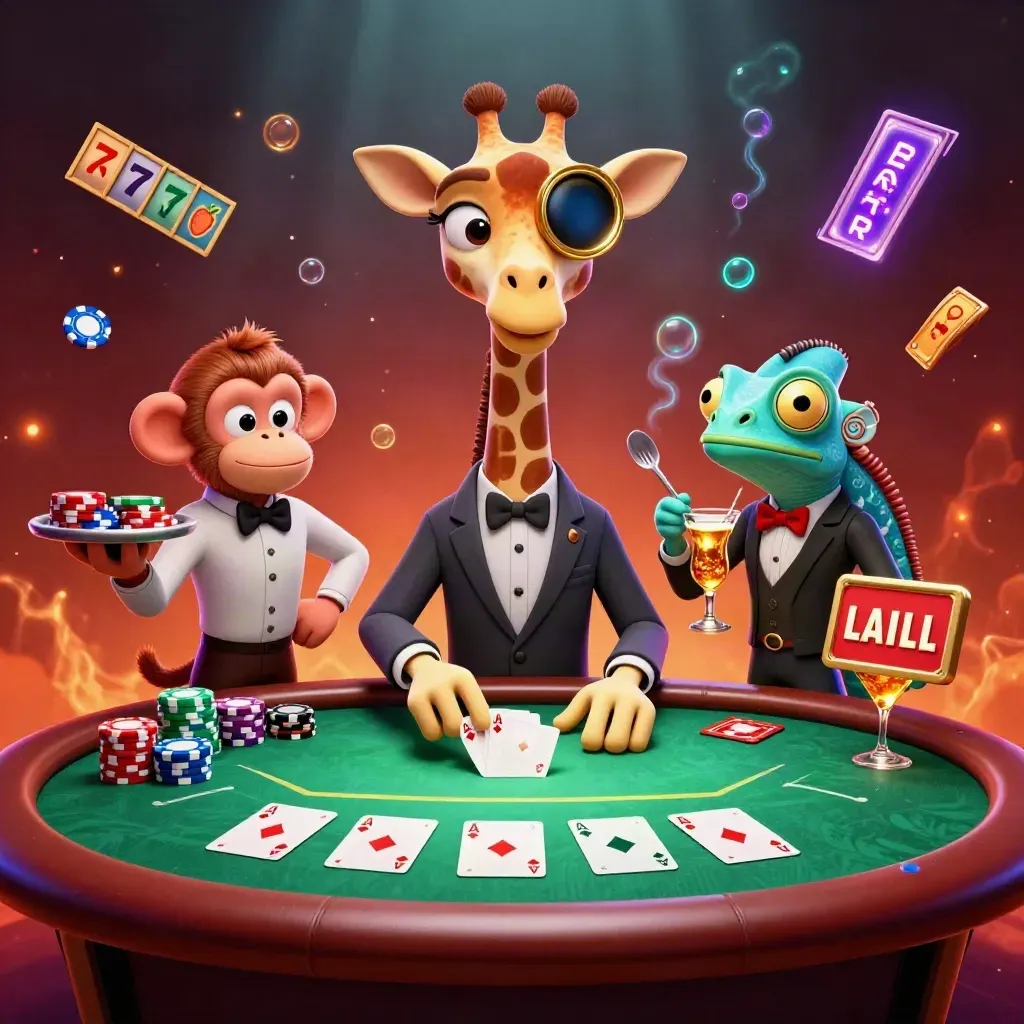 High-roller giraffe, monkey valet, and chameleon bartender amid neon casino chips, cards, and glow.