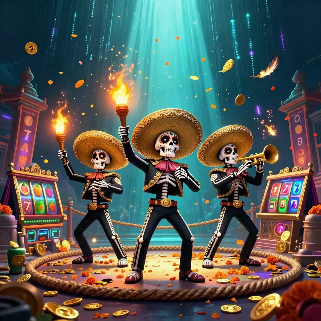 Day-of-the-Dead mariachi skeleton trio amid casino glow, coins, reels, temple gate, and underwater rays.