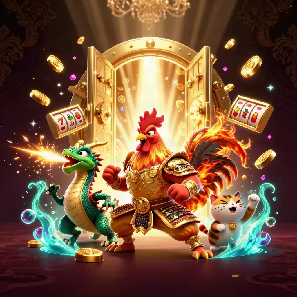 Rooster warrior, dragon hatchling and fortune cat blast from a gold vault in neon casino glow.