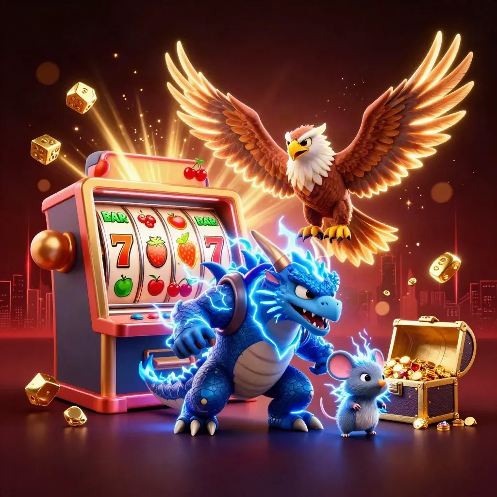Thunder dragon, glowing hawk, and static mouse amid exploding slots, gold, and jackpot glow.