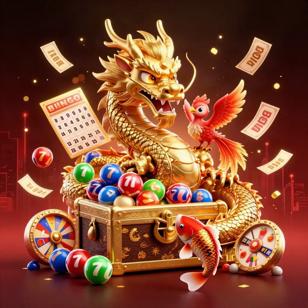 Golden dragon with phoenix, koi, and casino treasure exploding in a dark neon game scene.