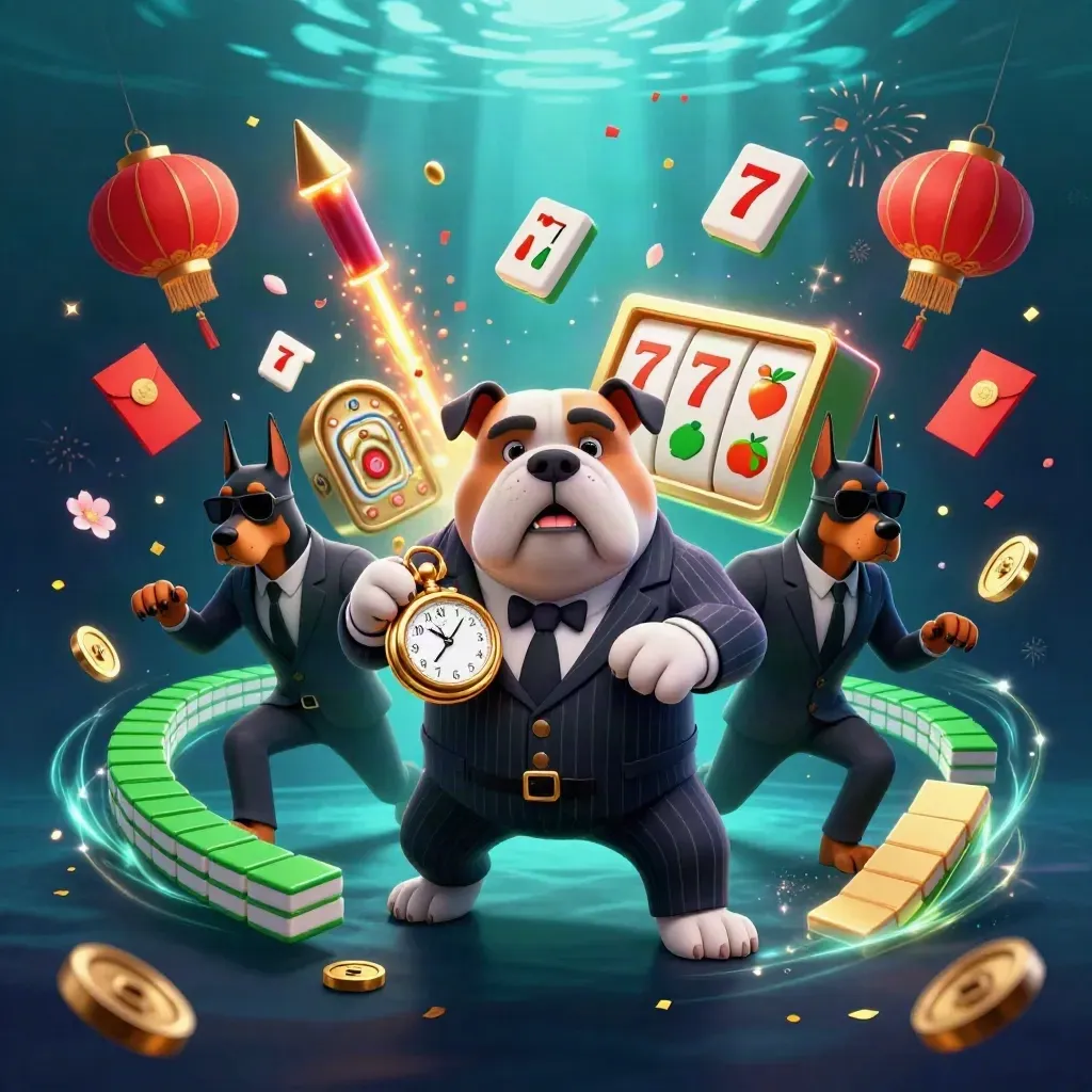 Bulldog mob boss with two Dobermans amid casino-luck bursts, lanterns, coins, and neon energy.