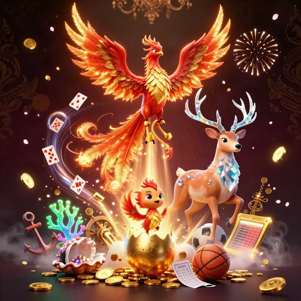 Phoenixes and a crystal stag burst through gold coins, coral, cards, and casino sparks.