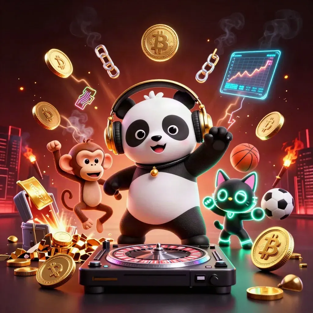 Panda DJ, monkey and rave kitten amid coins, crypto, fireworks and casino glow.