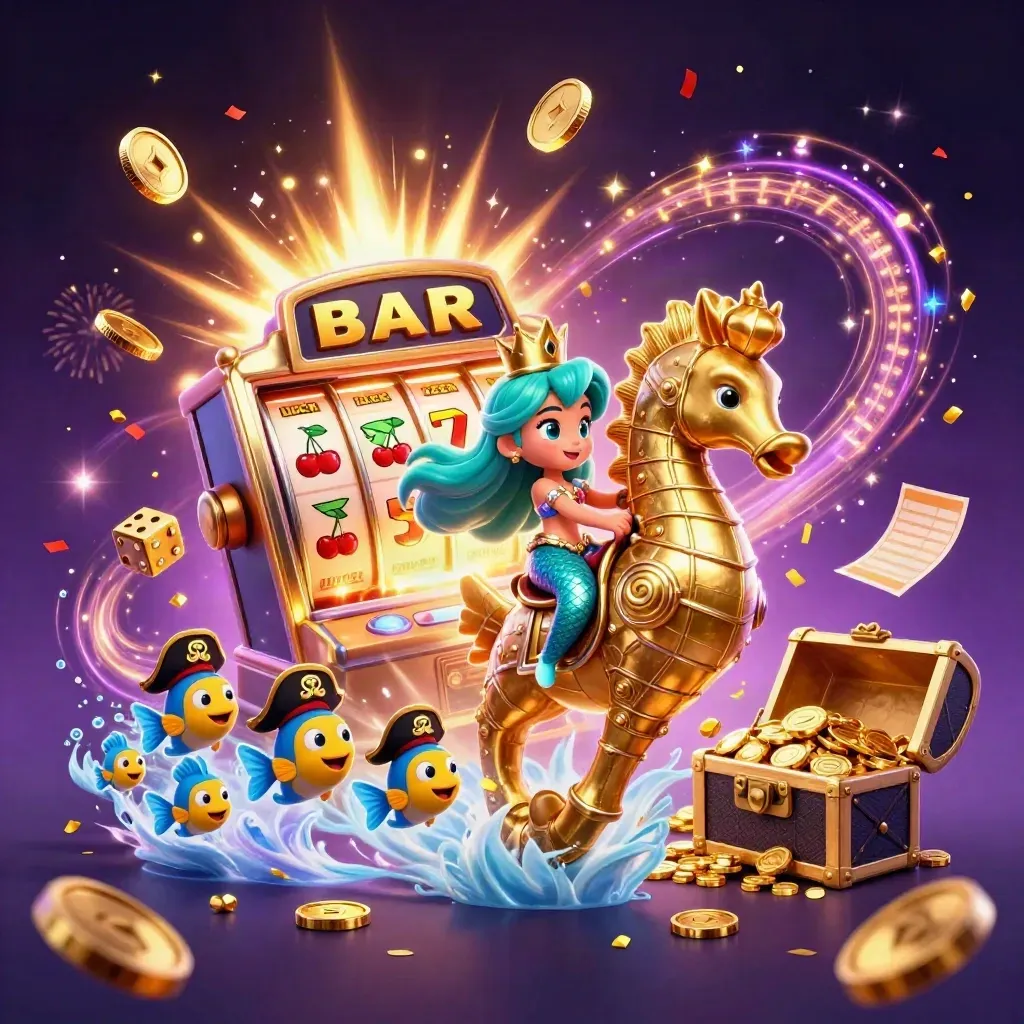 Mermaid princess on seahorse amid exploding slots, coins, sports tokens, fireworks and treasure.