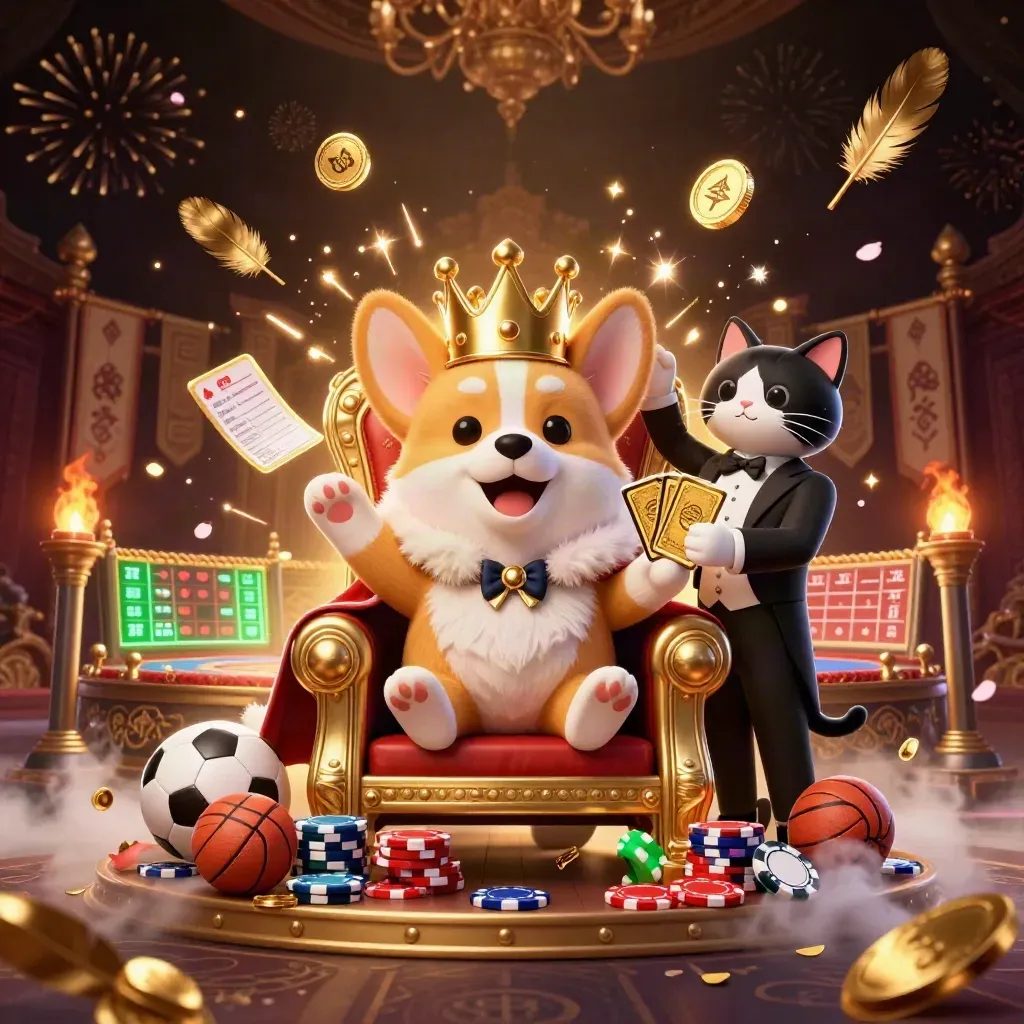 Royal corgi and cat butler amid coins, fireworks, temple gate, and casino glamour.