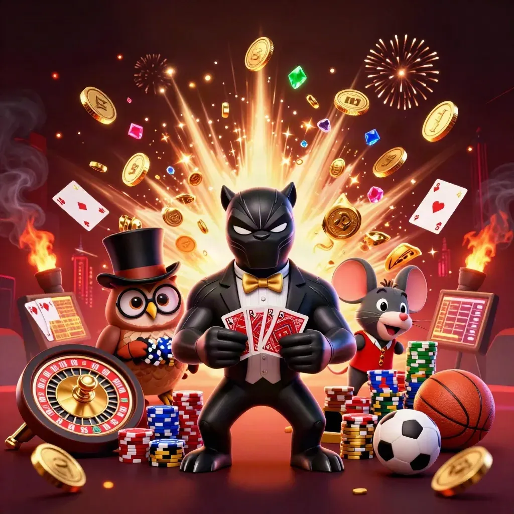 Panther, owl, and mouse in casino action with coins, cards, roulette, chips, and treasure burst