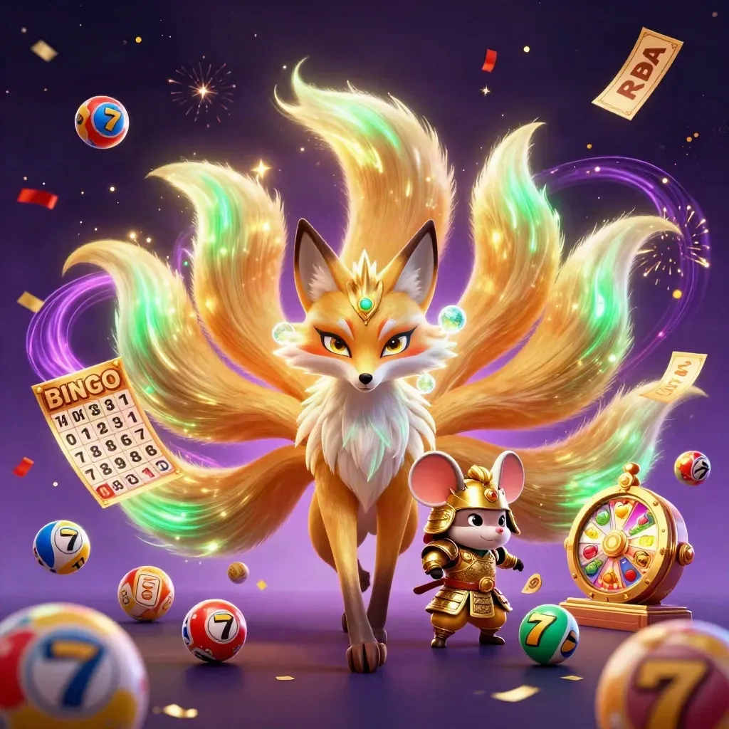 Three-figure fox spirit casino key art with gold mouse, lottery balls, reels, and glowing effects.