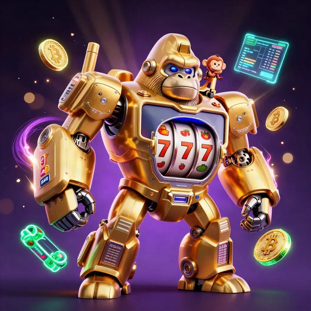 Golden gorilla mech with tiny monkey pilot, slot reels, coins, and neon casino energy.