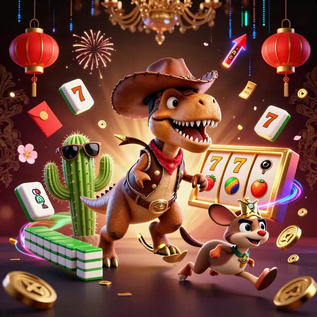 Cowboy T-Rex, cactus sidekick, and roadrunner burst amid casino symbols and neon gold glow.