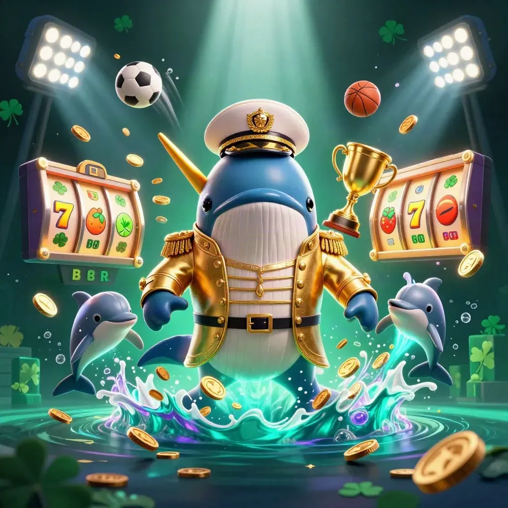 Captain whale, narwhal, and dolphins burst through coins with sports balls, reels, and casino glow.