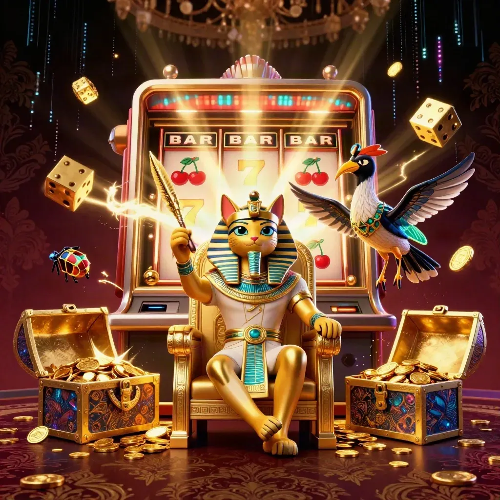 Gold pharaoh cat on throne with ibis scribe, scarabs, and casino symbols bursting in neon glow.