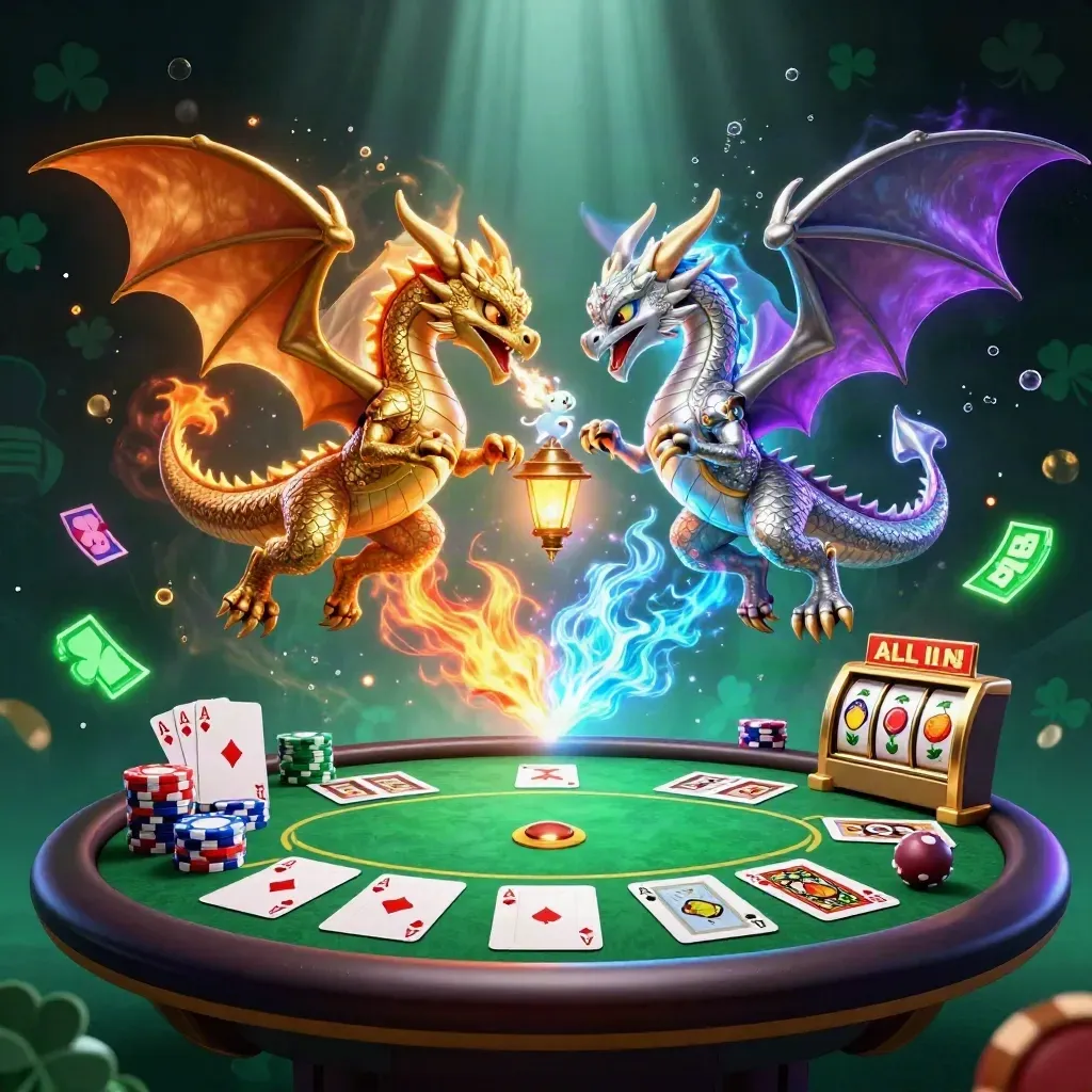 Twin gold and silver dragons spiral around a lantern spirit with casino props and glowing effects.
